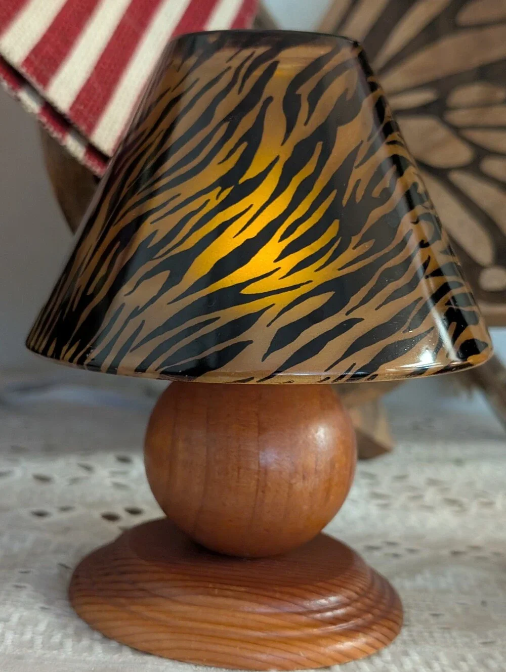 Amber Tiger-Print Tea Light Lamp With Wooden Base